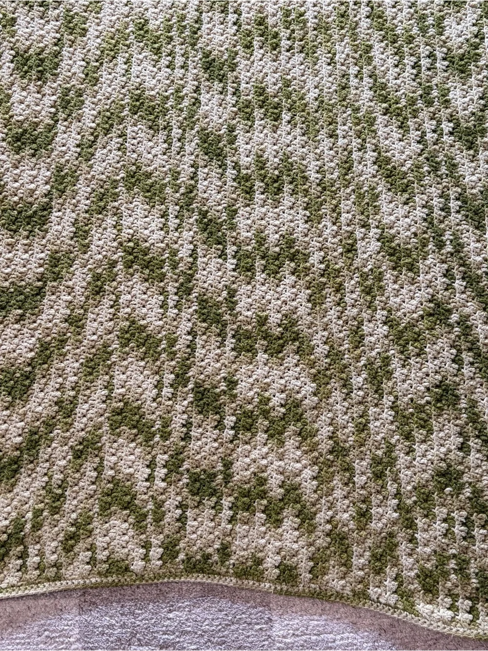 Vtg Hand-Crochet Ripple Blanket Chevron Style Zig-Zag Olive Green Full 87”x76”